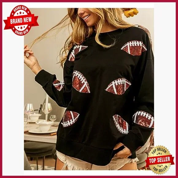 Loose Fit Football Sequin Sweatshirt Long Sleeve Pullover Casual Gameday Top - Picture 5 of 7